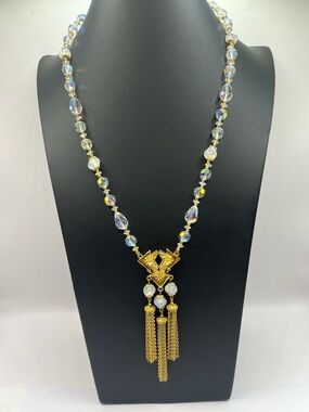 Vintage Sherman Gold Tassel Pendant Necklace with Iridescent AB Crystals Opalite